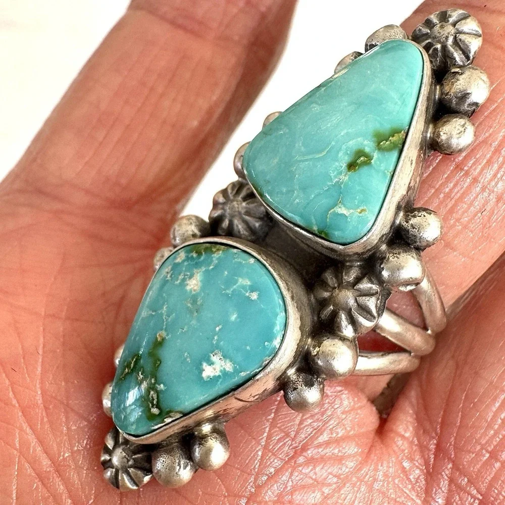 Long‎ Navajo Sonoran Turquoise Ring Sz 8 Signed Skeets Sterling Two Stone Native